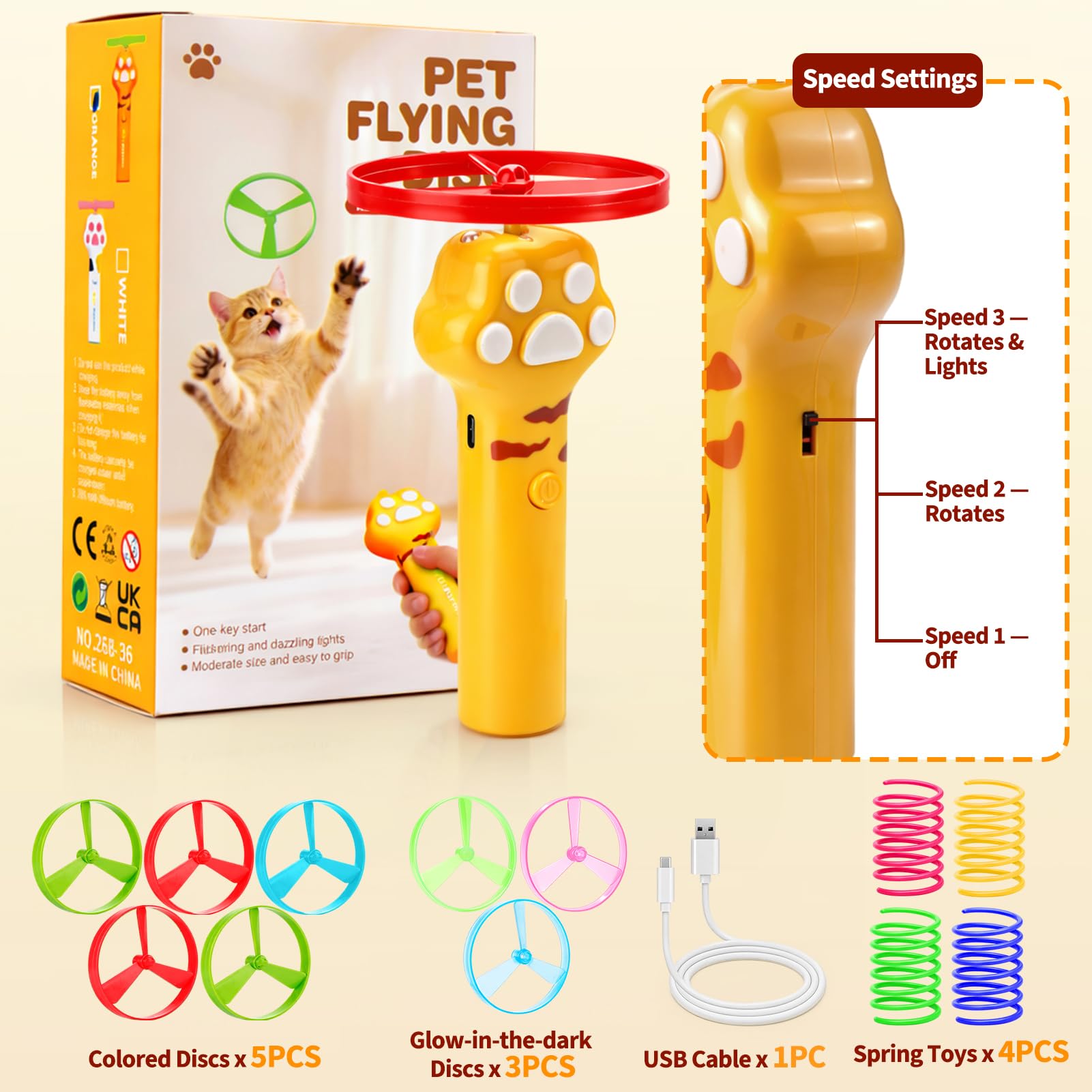 BABORUI Katzenspielzeug Disc Launcher, Wiederaufladbare Interaktive Katze Apportieren Spielzeug Launcher mit 8 fliegenden Scheiben, Fliegende Anreicherung Spielzeug für Indoor Bored Kittens & Adult