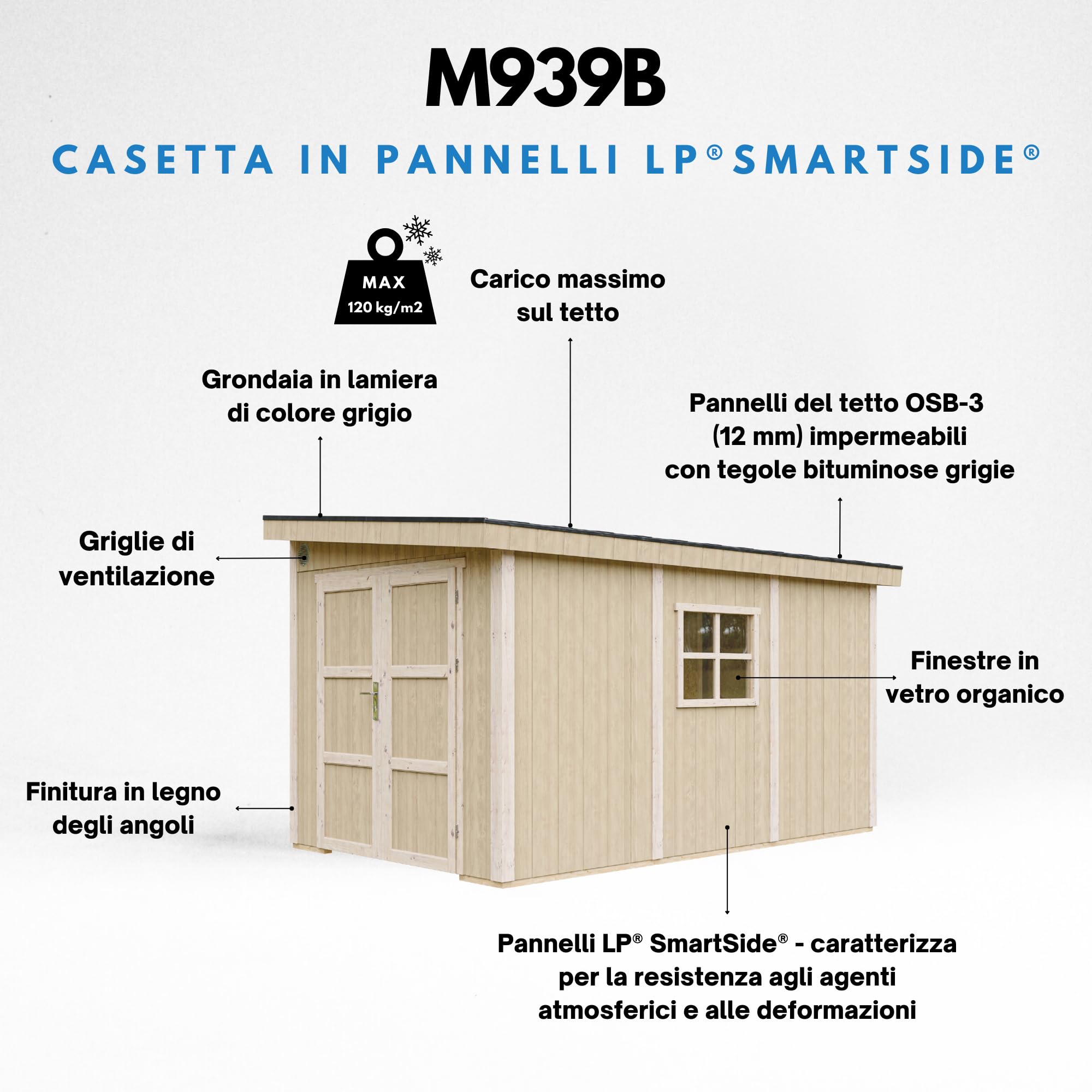 Casetta da giardino di qualità premium 8,68 m² - H231x248x412 cm - Costruzione in pannelli LP Smartside - Senza pavimento e parete laterale - Timbela M939B-TUNDRA GREY