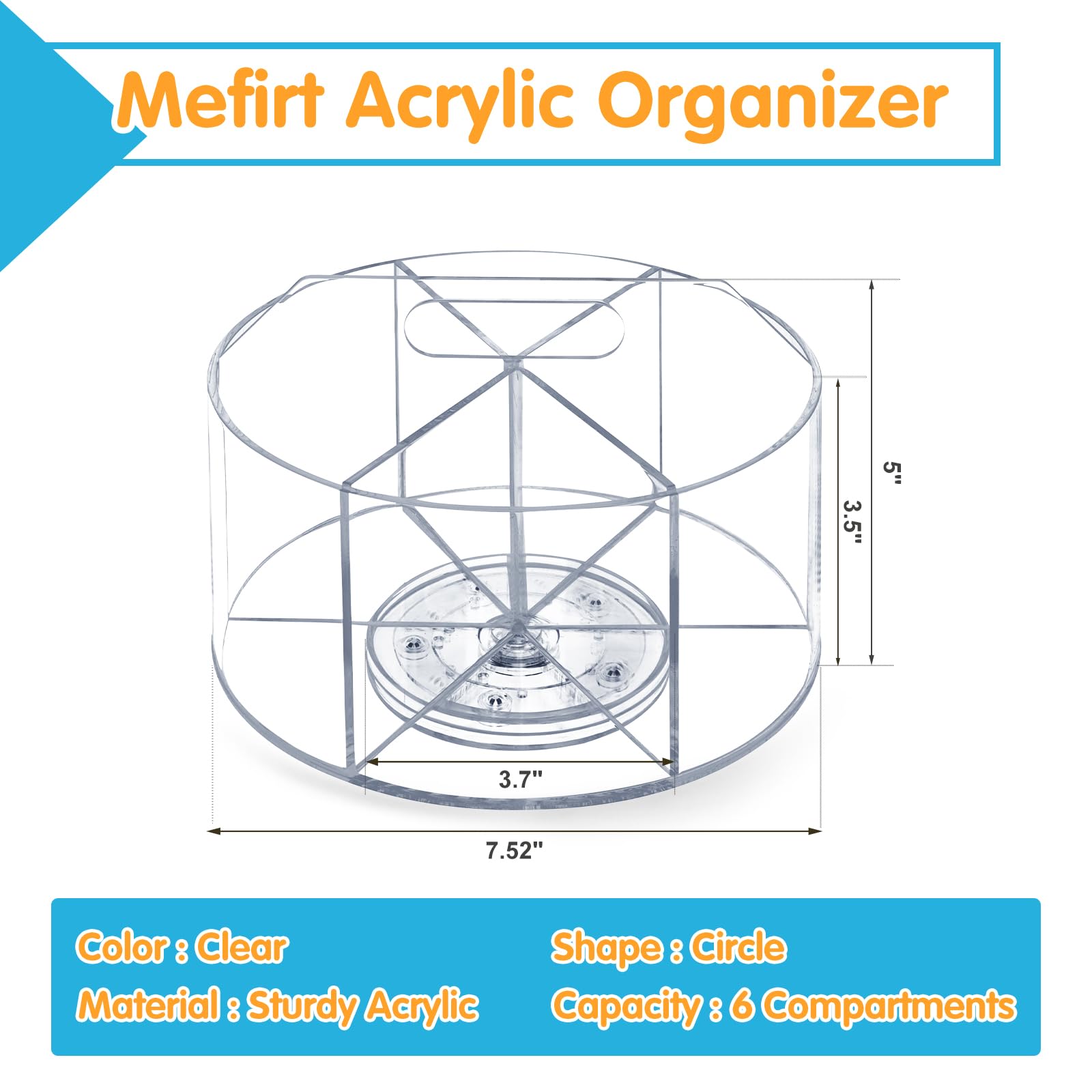Mefirt Organizer Scrivania Rotante, Portapenne da Scrivania Grande Capacità, Accessori Scrivania 6 Scomparti, Porta Penne per Ufficio Scuola Casa, Desk Organizer, Trasparente, Acrilico