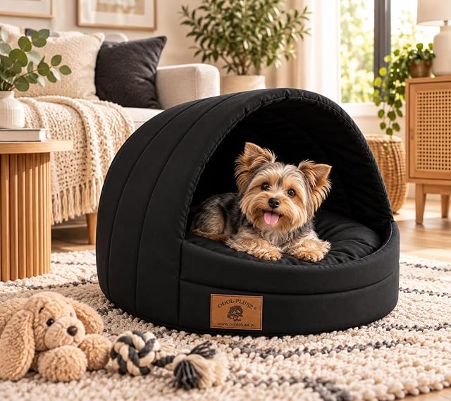 Foto 2 de 8 de ODOLPLUSZ Caseta para perros, casa exclusiva para perros o gatos, 2 tamaños, cómoda y lavable (negro, M)