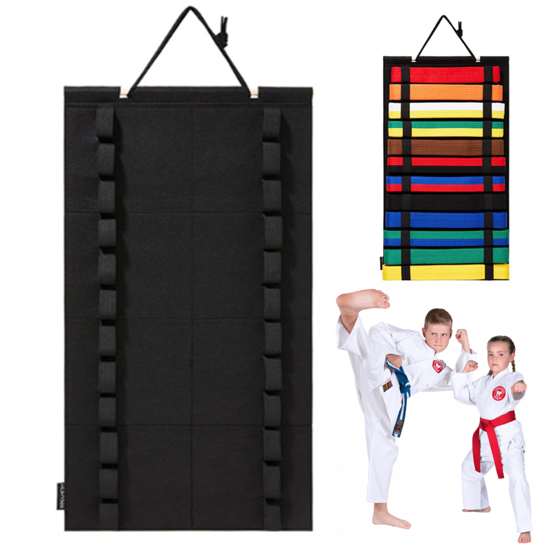Pastoralist Martial Arts Belt Display, Hanging Karate Belt Display Rack Holds 12 Belts, Belt Display with Elastic Loops, Karate Belt Holder for Wall Door 14x25, Belt Display