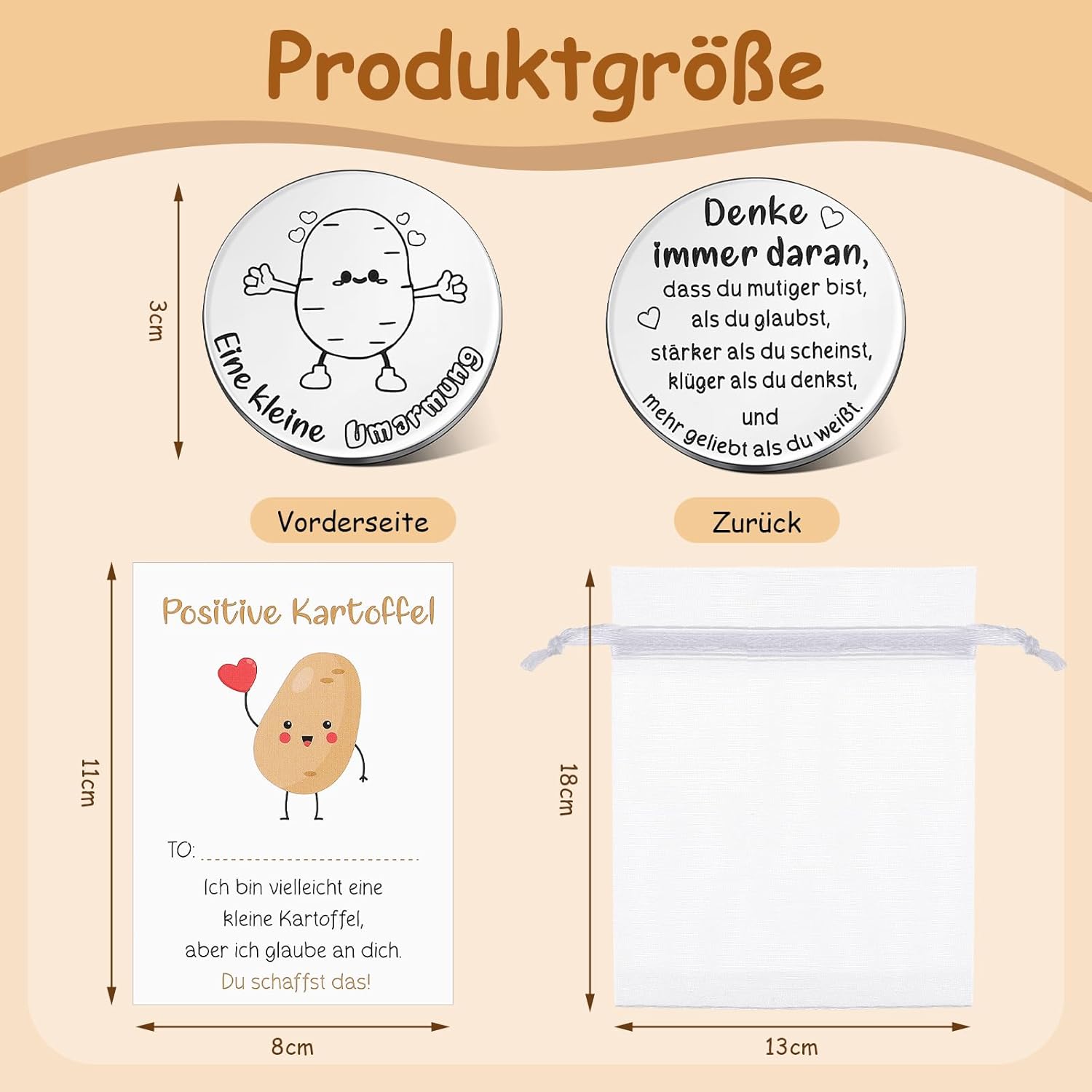 Tenare Graduation Courage Gift Positive Potato Set Small Hug Lucky Charm Exam Gift with Inspirational Double-Sided Coin Card Organza Bags 2 Good Luck Pen