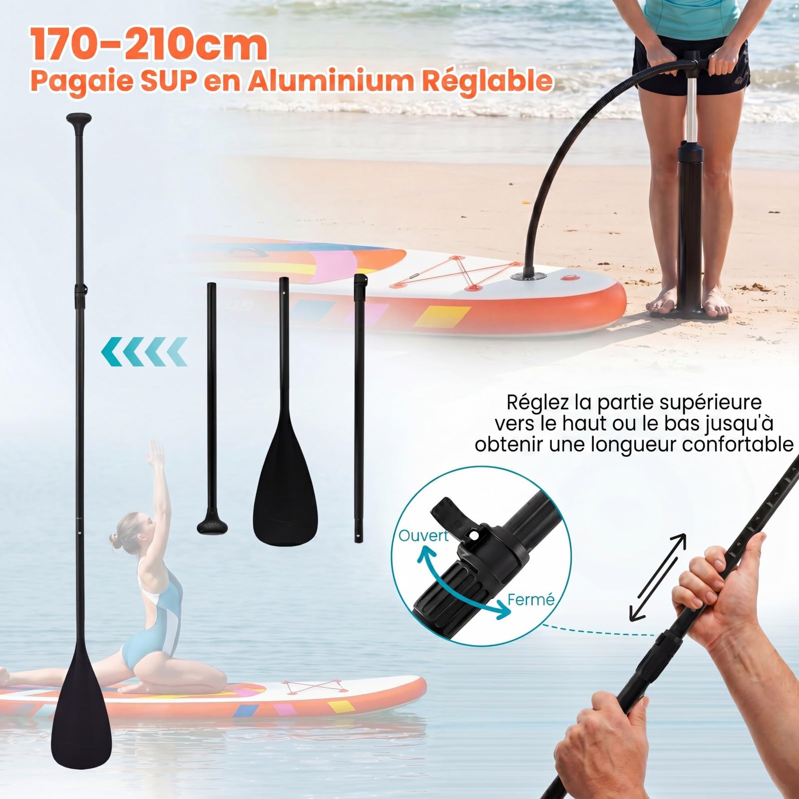 HOMASIS 336 x 77 x 16 cm Planche à Pagaie Gonflable, Planche de Surf avec Pagaie Réglable, Pompe à Main, 3 Ailerons, Anneaux en D & Laisse, Paddle Stand Up Léger pour Surf, Lacs, Mers