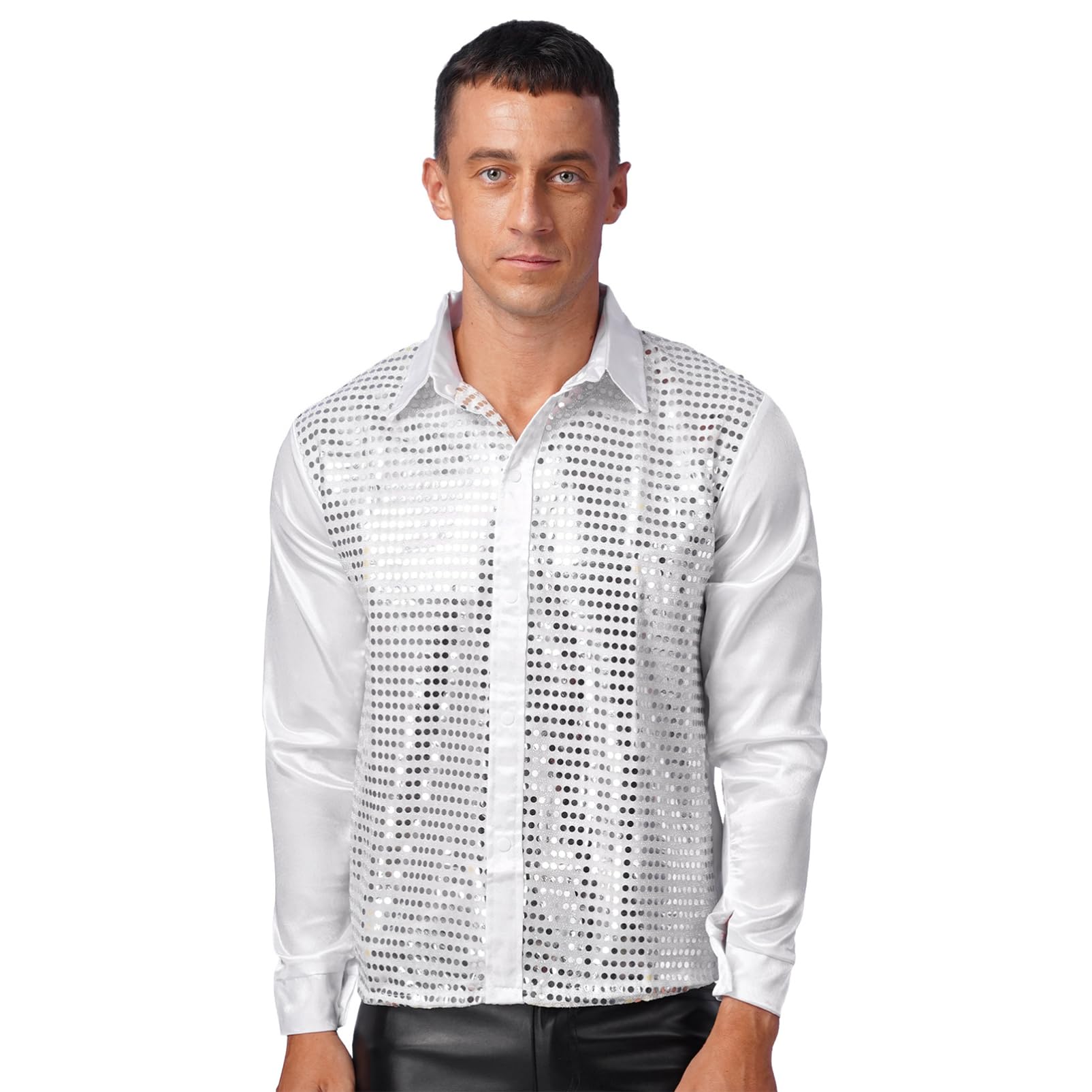Chemise Homme Pailletée Imprimée – Manches Longues, Style Disco Et Carnaval, Coupe Droite