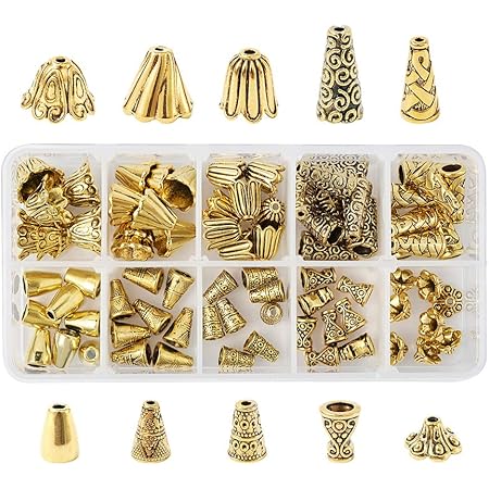 Amazon 80個入り 10種類 アンティークゴールド 合金ビーズキャップ 花形 円錐形 スペーサービーズ チベット風 座金 基礎パーツ アクセサリーパーツ ジュエリー ハンドメイド 手作り用品 Diy用 手芸材料 クラフト用品 収納ケース付き アクセサリーパーツ 通販