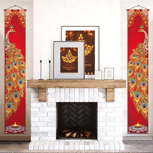 Miniatura 2 de Nepnuser Cartel de feliz Diwali para porche, pavo real, festival indio de luces, decoración de fiesta, letrero de bienvenida hindú Deepavali para