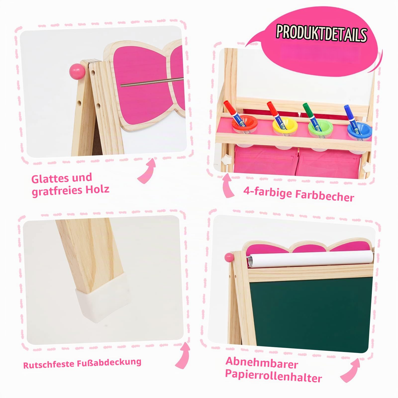 Kinderstaffelei aus Holz, Staffelei Kinder ab 3 Jahren. Kindertafel Höhenverstellbar mit Papierrolle, Kreidetafel, Whiteboard, Malset und Aufbewahrungstasche. Standtafel Kinder Rosa