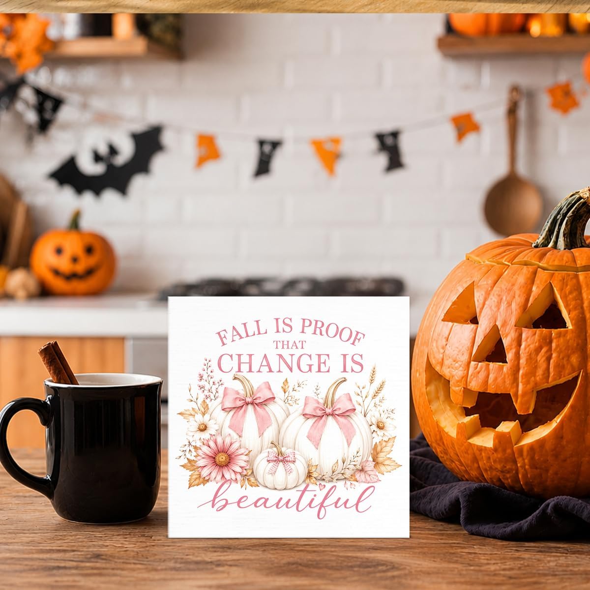 Fall Decor Pink Pumpkin Change Is Beautiful Wooden Box Sign 5x5 Inch image 5