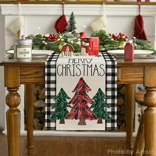 Miniatura 7 de Artoid Mode Camino de mesa de Navidad con diseño de pinos de búfalo negro y rojo, decoración de mesa de comedor para decoración de fiesta del hogar,