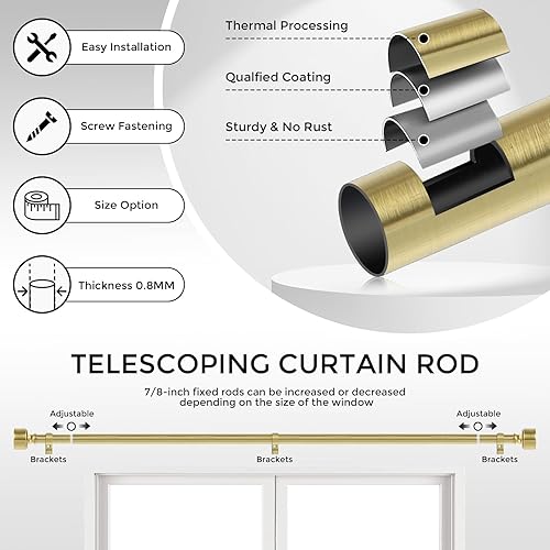 Miniatura 6 de Barras de cortina doradas para ventanas de 28 a 48 pulgadas (2.3-4 pies), barras de cortina de metal noble, barra de cortina resistente de 1 pulgada
