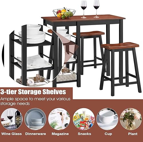 Miniatura 2 de Giantex Juego de comedor de 3 piezas, juego de mesa completamente de madera con 2 sillas y estantes de almacenamiento de 3 niveles, juego de mesa de