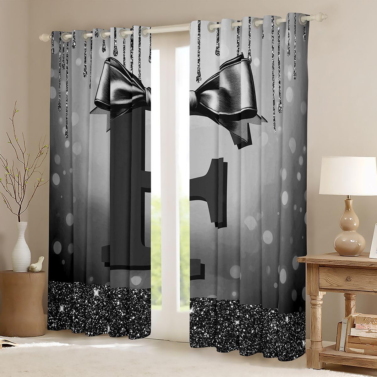 Homewish Księżniczka brokatowe zasłony okienne z kokardą, 132 x 229 cm, 2 panele zestawy – czarne zasłony zaciemniające z monogramem litery F, urocza , kokarda, zasłony okienne, szykowna