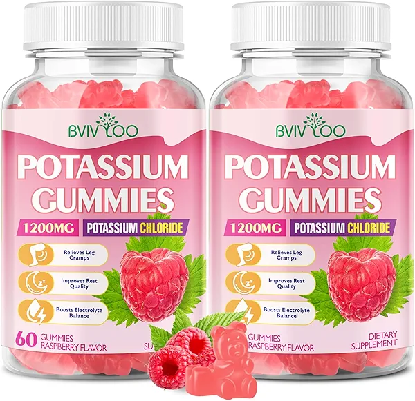 Potassium Gummies for Adults with 1200mg Potassium Chloride - Supports Muscle Health & Leg Cramps, Raspberry Flavor, 120 Count