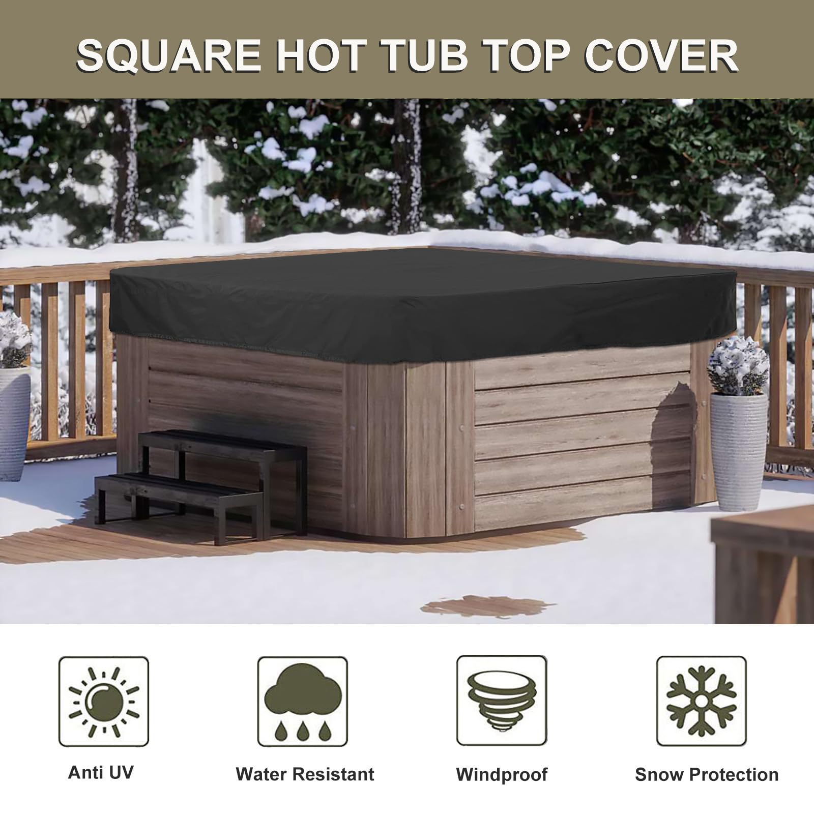Funda Protectora para Bañera de Hidromasaje de Tela Oxford 210D Resistente al Polvo Impermeable Cubierta para SPA Cuadrada Exterior,Negro,244x244x30cm