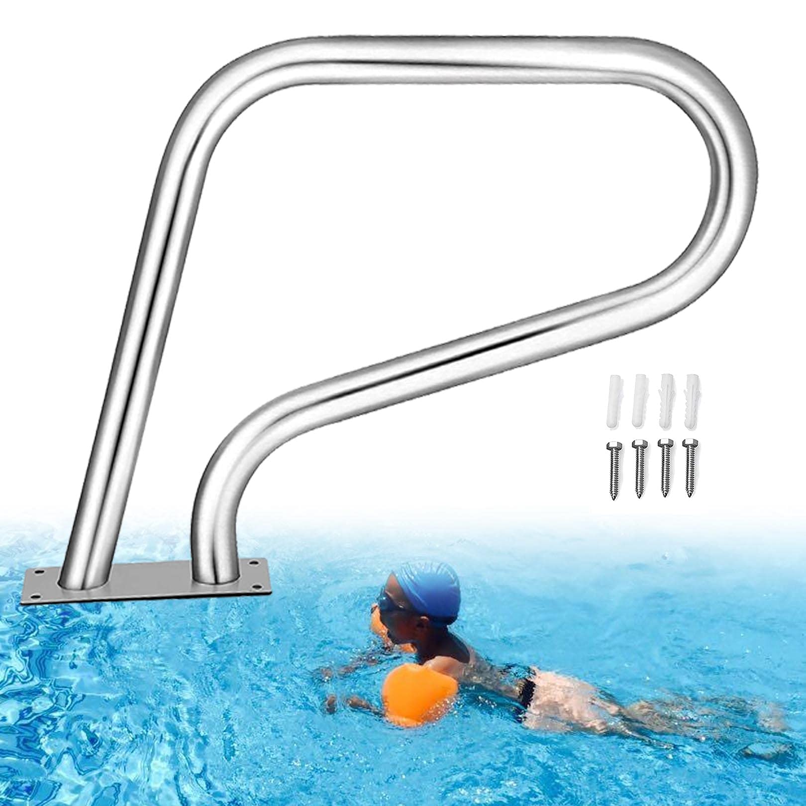 Pool Hand Rail Easy Mount Hand Grab Rail, 304 Stainless Steel Swimming Pool Stair Rail w/Base Plate for Inground Pool Entry
