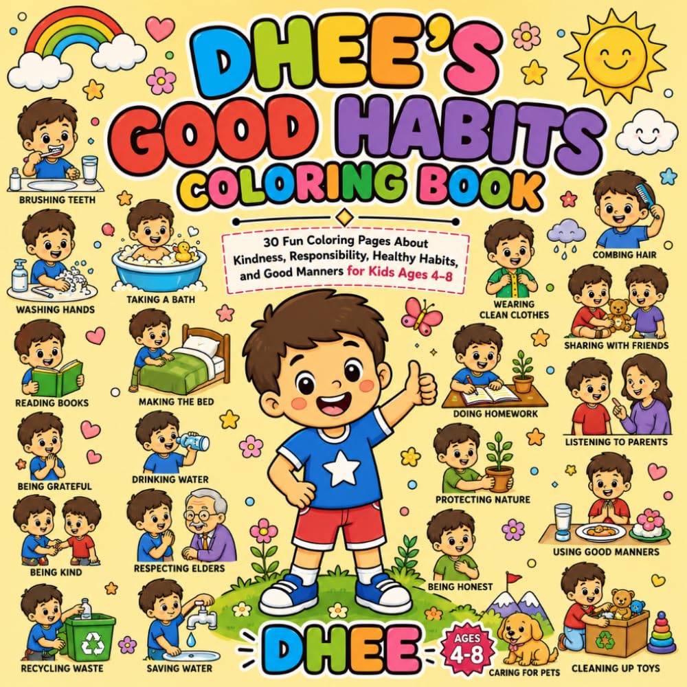 Dhee's Good Habits Coloring Book: 30 Fun Coloring Pages About Kindness, Responsibility, Healthy Habits, and Good Manners for Kids Ages 4–8 (Dhee's Learning Adventures)