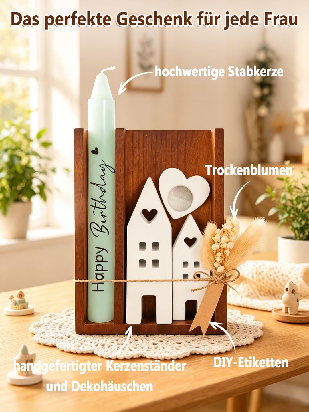 Geburtstagsgeschenk Kerze Holzbox mit Kerzenhalter und Trockenblumen | 2 Deko Häuser, Geschenk für Frauen, Geschenk für Männer