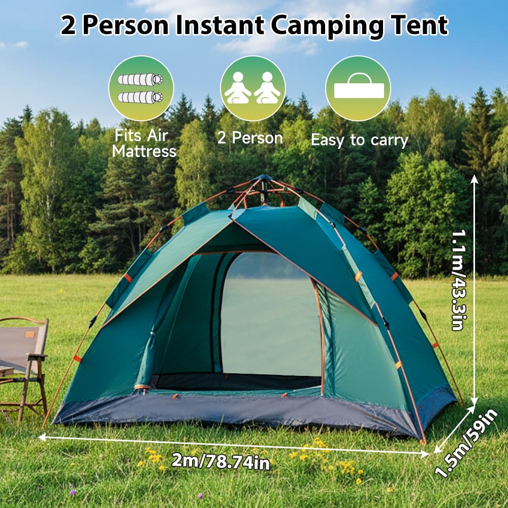 Tente Pop Up 2 Personnes, Tente Camping Imperméable 210D Oxford, Montage Rapide en 1 Min, Tente Légère avec Sac de Transport, Respirante et Coupe-Vent pour Camping, Festival et Plage
