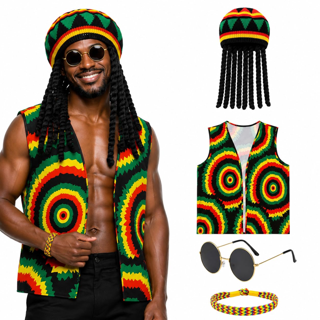 Skknuny Reggae Fancy Dress Adults, Rasta Hat with Dreadlocks for Halloween