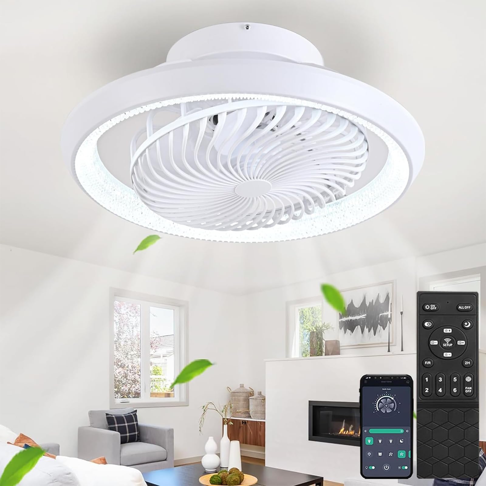 49cm Ventilatore da Soffitto con Luce e Telecomando, Silenzioso Lampadario Ventilatore LED, Rotante a 360°, 6 velocità, 72W Plafoniera con Ventilatore per Camera da Letto Soggiorno, Bianco