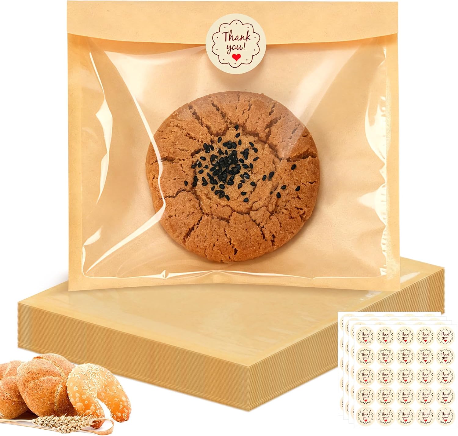 100 Pack Cookie Bags with Seal, 7.1x7.5 Inch Bagel Bags with Clear Window, Grease Resistant Bakery Packaging for Cake Pop, Donuts, Brownie, Pastry, Scone and Other Treats