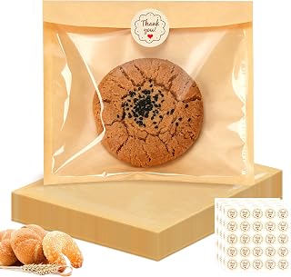 100 Pack Self Sealing Cookie Bags with Seal, 7.1x7.5 Inch Bagel Bags with Clear Window, Grease Resistant Bakery Packaging for Cake Pop, Donuts, Brownie, Pastry, Scone and Other Treats