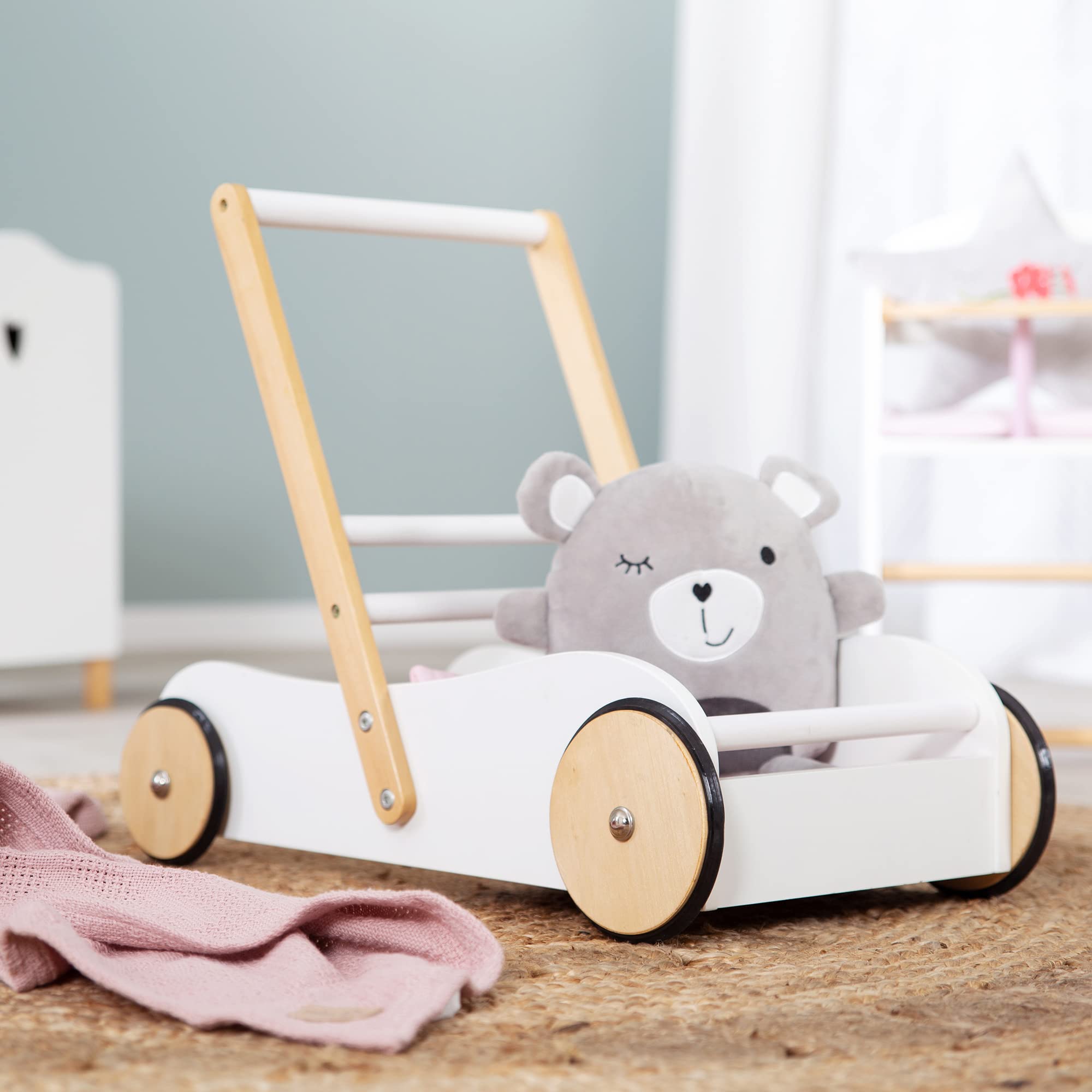 roba Carrello Giocattolo Scarlett - con Freno - per Bambole e Altri Giochi - Sistema Anti-Ribaltamento - Ottimale per i Primi Passi - Legno Laccato Rosa