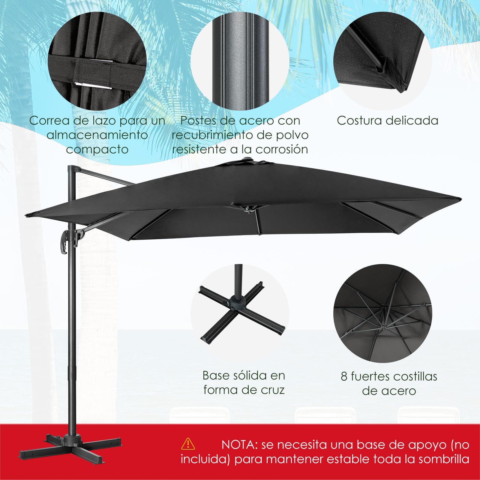 COSTWAY Sombrilla Terraza Exterior 3x3M con Base Cruzada, Sombrilla Rectangular 3 Inclinaciones, Rotación 360°, Parasol Excentrico Grande Jardin Terraza Playa Exterior