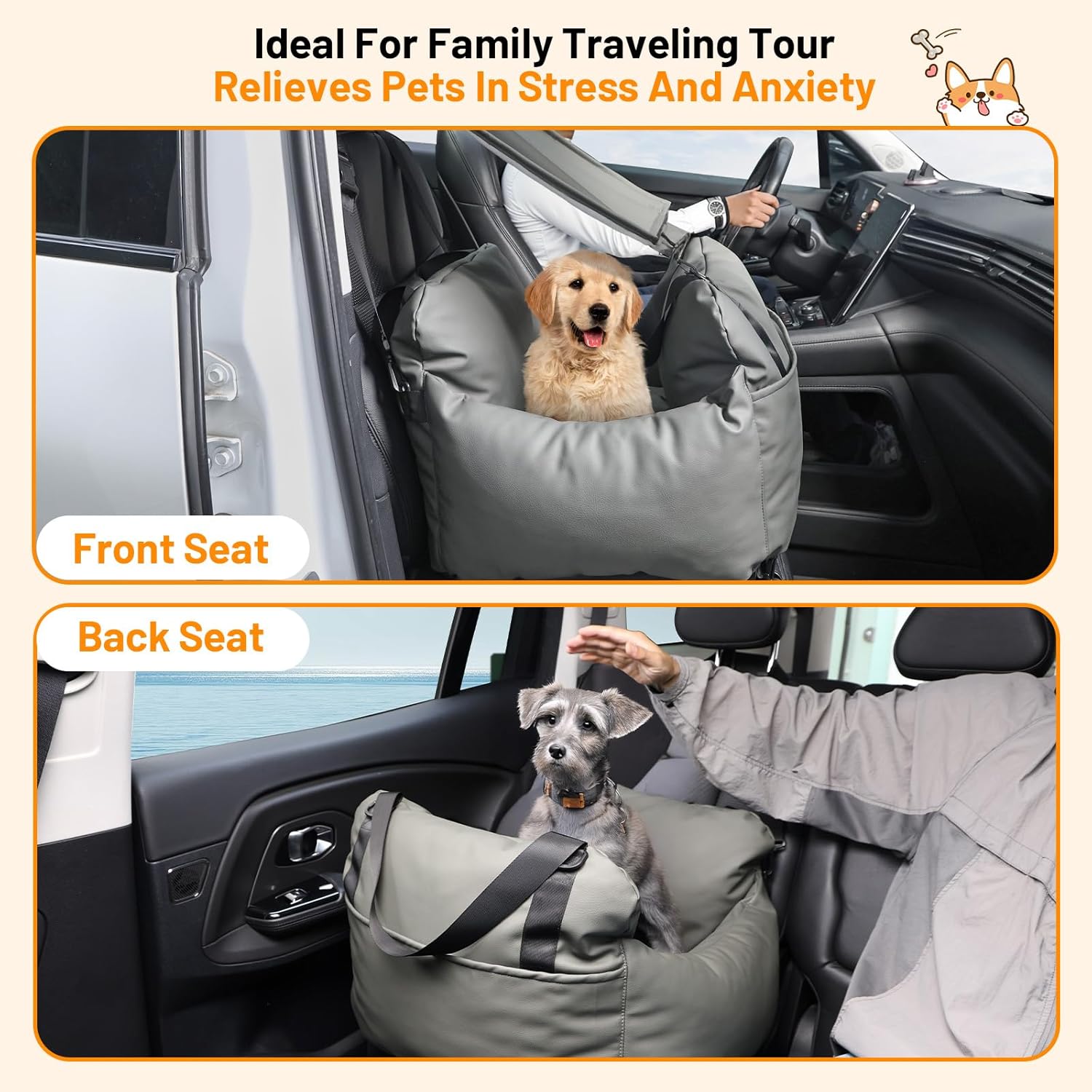 Dog Car Seat for Small Dogs with Removable Sunshade Waterproof PU Leather Travel Bed & Carrier for Small Pets Dog Booster Seat for Front & Back Seat (Grey)