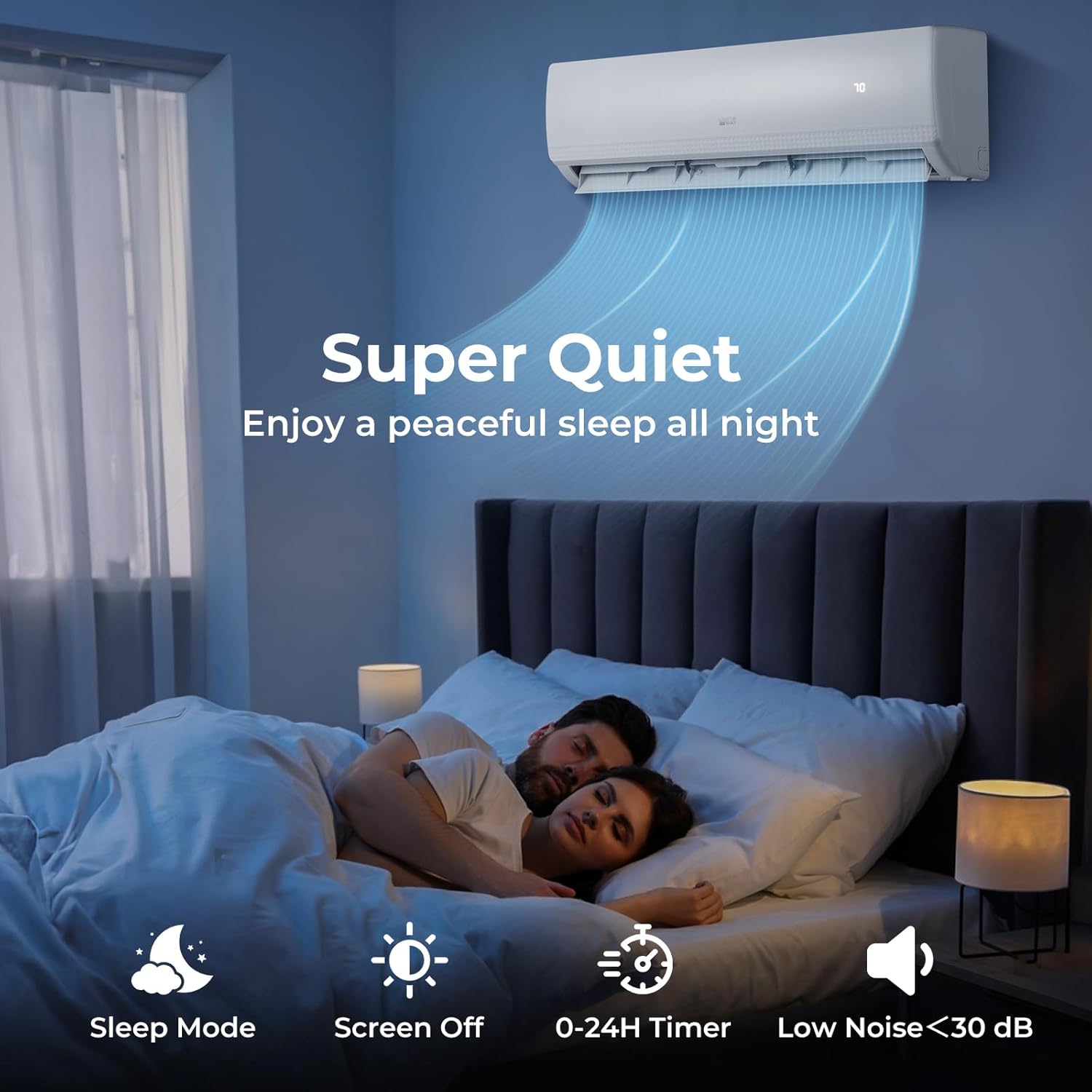 Bedroom scene with an air conditioner, emphasizing quiet operation and sleep mode features.