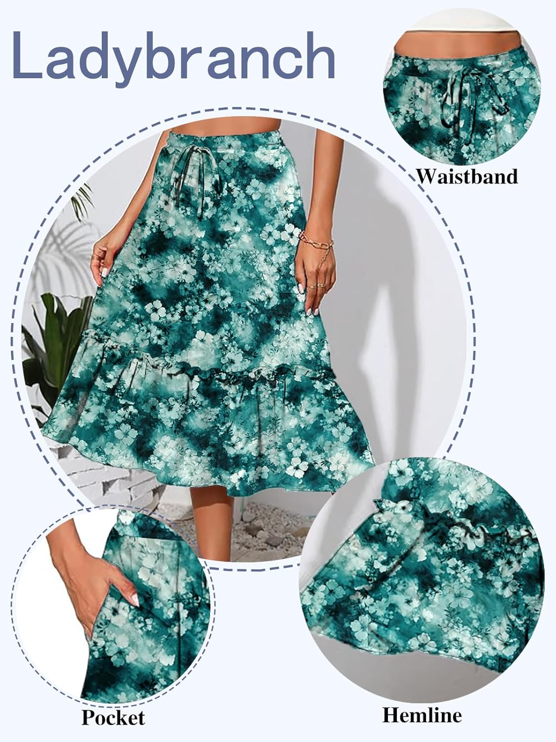 Women's High Elastic Waist Midi Skirt Casual Trendy Floral Print A line Skirts - Image 5