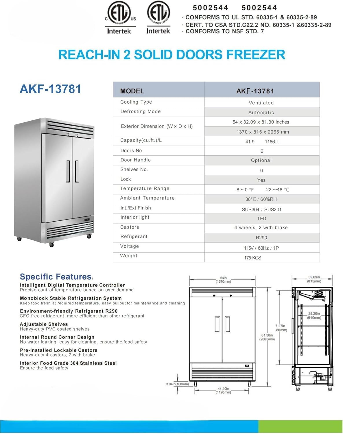Specifications table for AKF-13781 Commercial Freezer