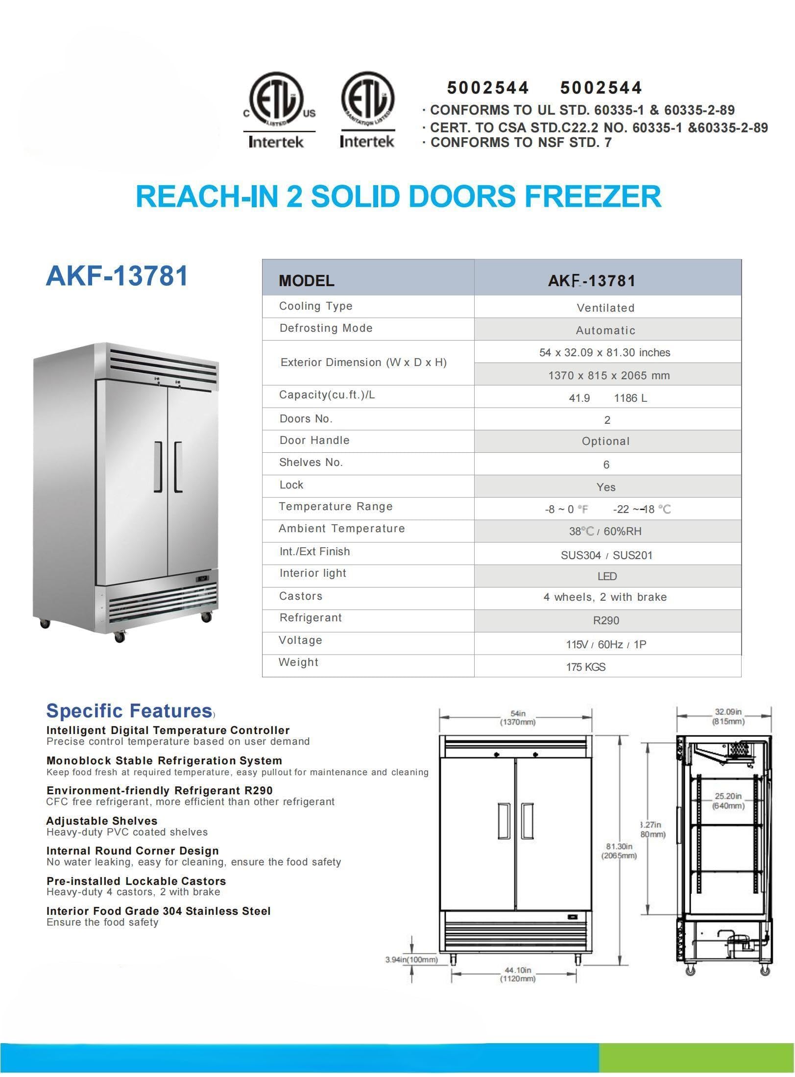 Commercial Reach-In 2-Door Freezer, Etl 49 Cu.Ft, Digital Temperature Control, Stainless Steel, 54w X 32d X 81h Inches 13781 on Fridge.com - View 5