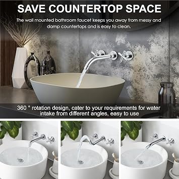 Midanya Wall Mounted Bathroom Sink Faucet,Double Handle 3 Holes Widespread Vanity Sink Mixer Tap with Rough in Valve Dual Cross Handles Faucets,Polish Chrome