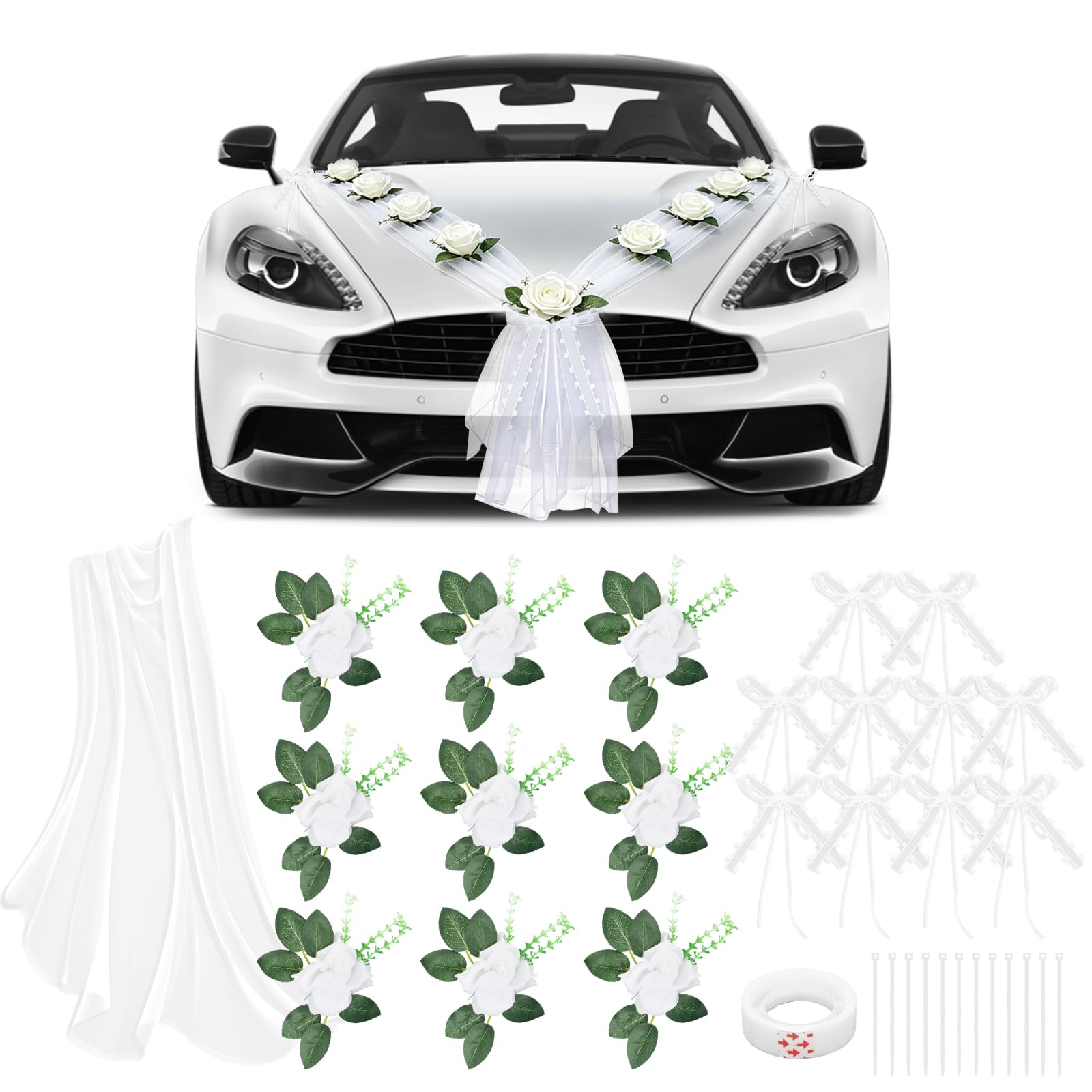 Nœuds de voiture - Décoration de mariage - Blanc - Décoration de voiture Just Married - Nœuds de Noël - Nœuds de mariage - Nœuds d'antenne - Pour décoration de table de mariage, anniversaire