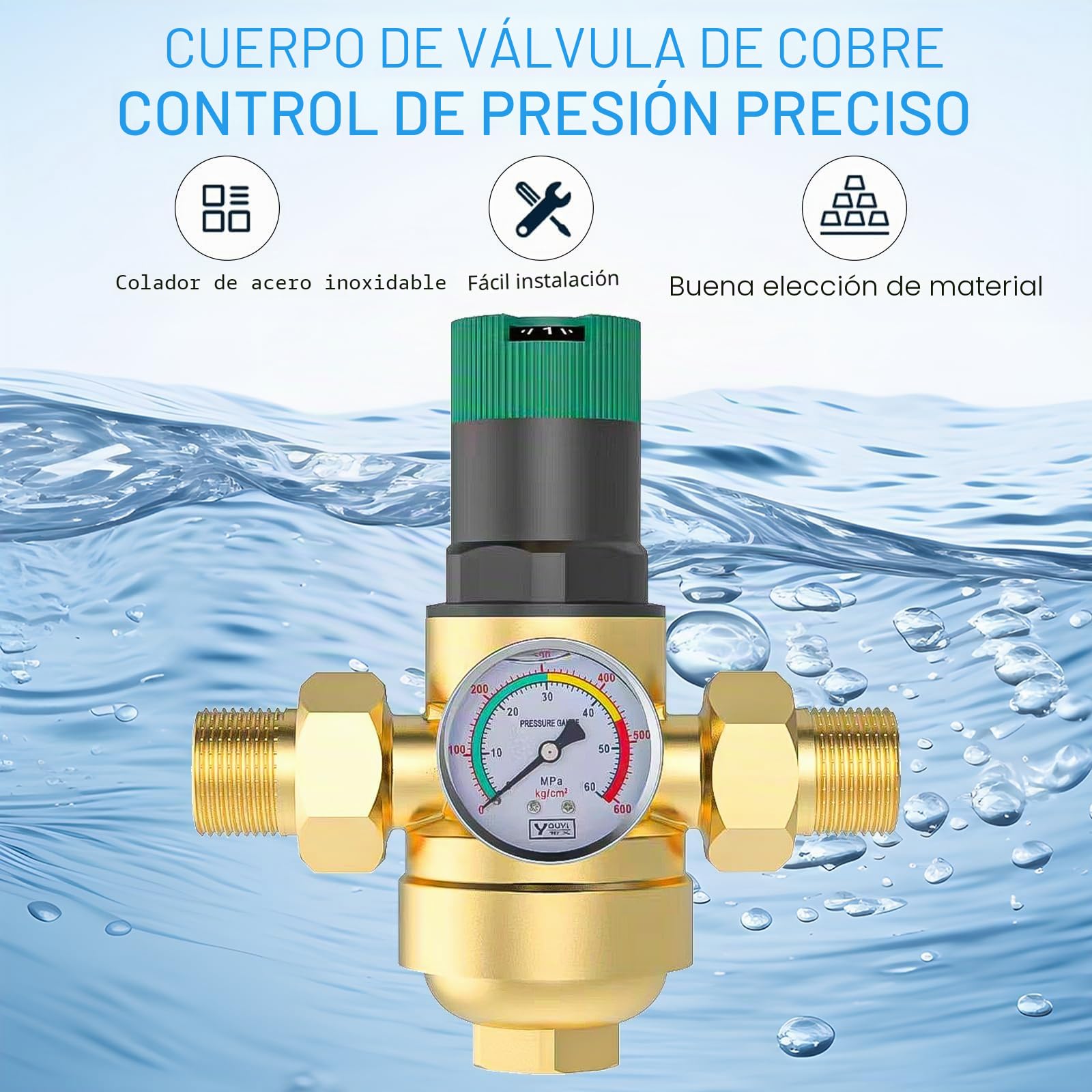 Regulador de Presion Agua 1 Pulgadas, Reductor de Presion de Agua Ajustable con Manometro Presion Agua y Filtro de Malla, Válvula Reguladora De Presión de Agua Para Grifo de Riego de Jardín (Latón)
