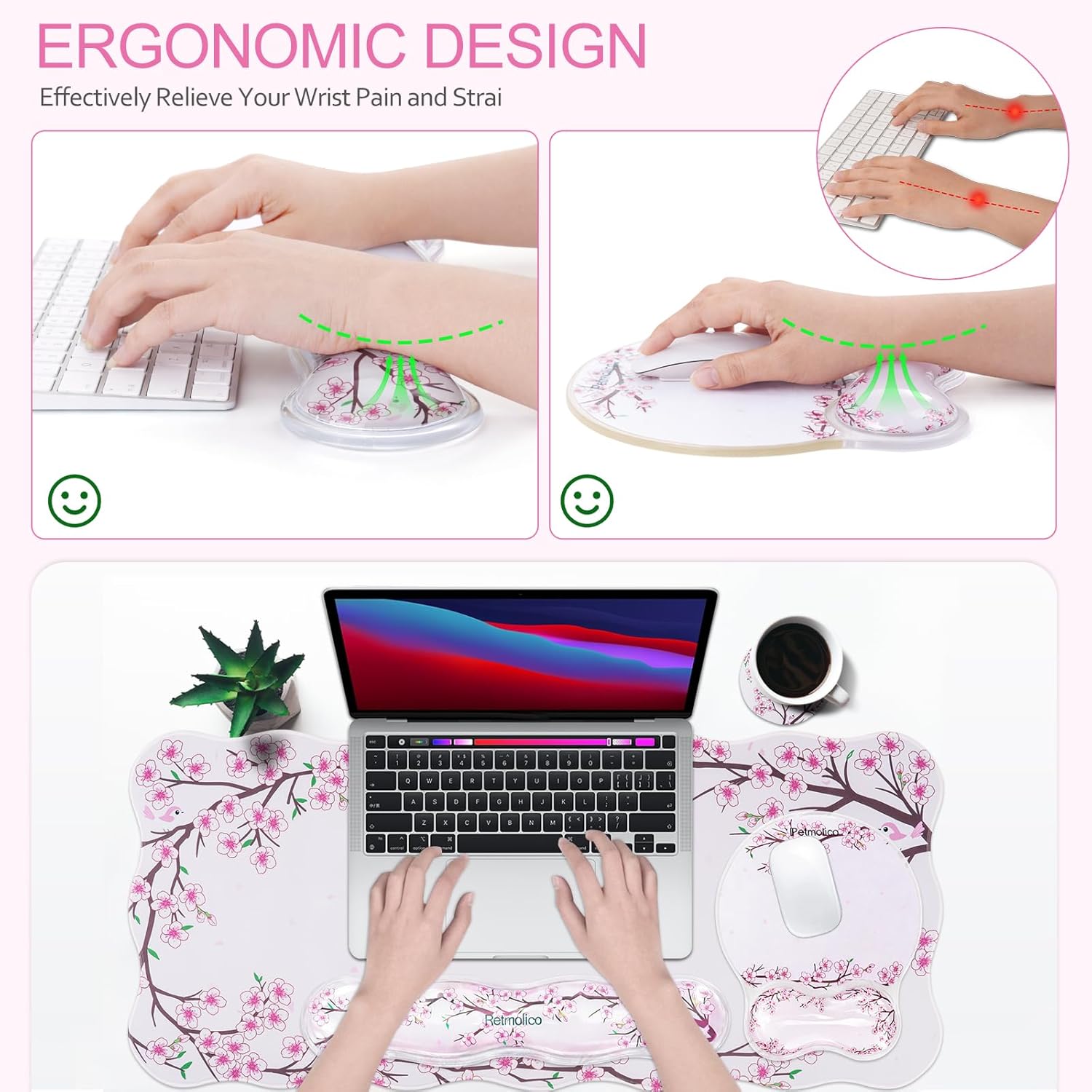 Petmolico Mouse Pad with Wrist Rest-Clear Gel Wrist Rest for Keyboard and Mouse,Large Non-Slip Desk Mat and Heat-Resistant Cup Coasters,Ergonomic Design for Typing Pain [Pink,Plum Blossom]