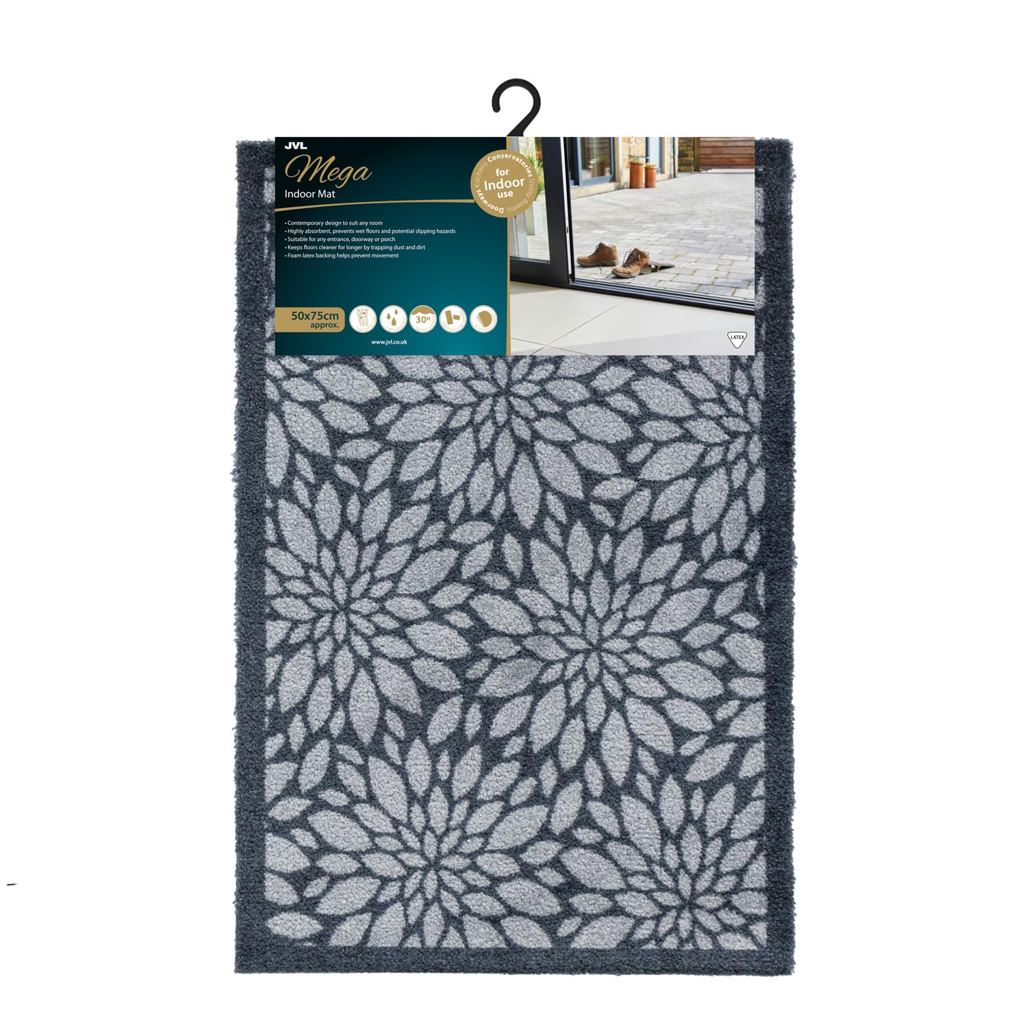 Jvl  Mega Mat Entrance Doormat Flowers 50X75cm - Grey