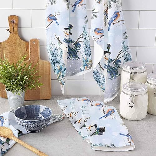 Miniatura 3 de Image Duvet 2 Pack Cotton Kitchen Dish Cloths Towels, Christmas Snowman Blue Berries Bird Xmas Tree Snowflake 18 x28 Inch Soft Absorbent Kitchen