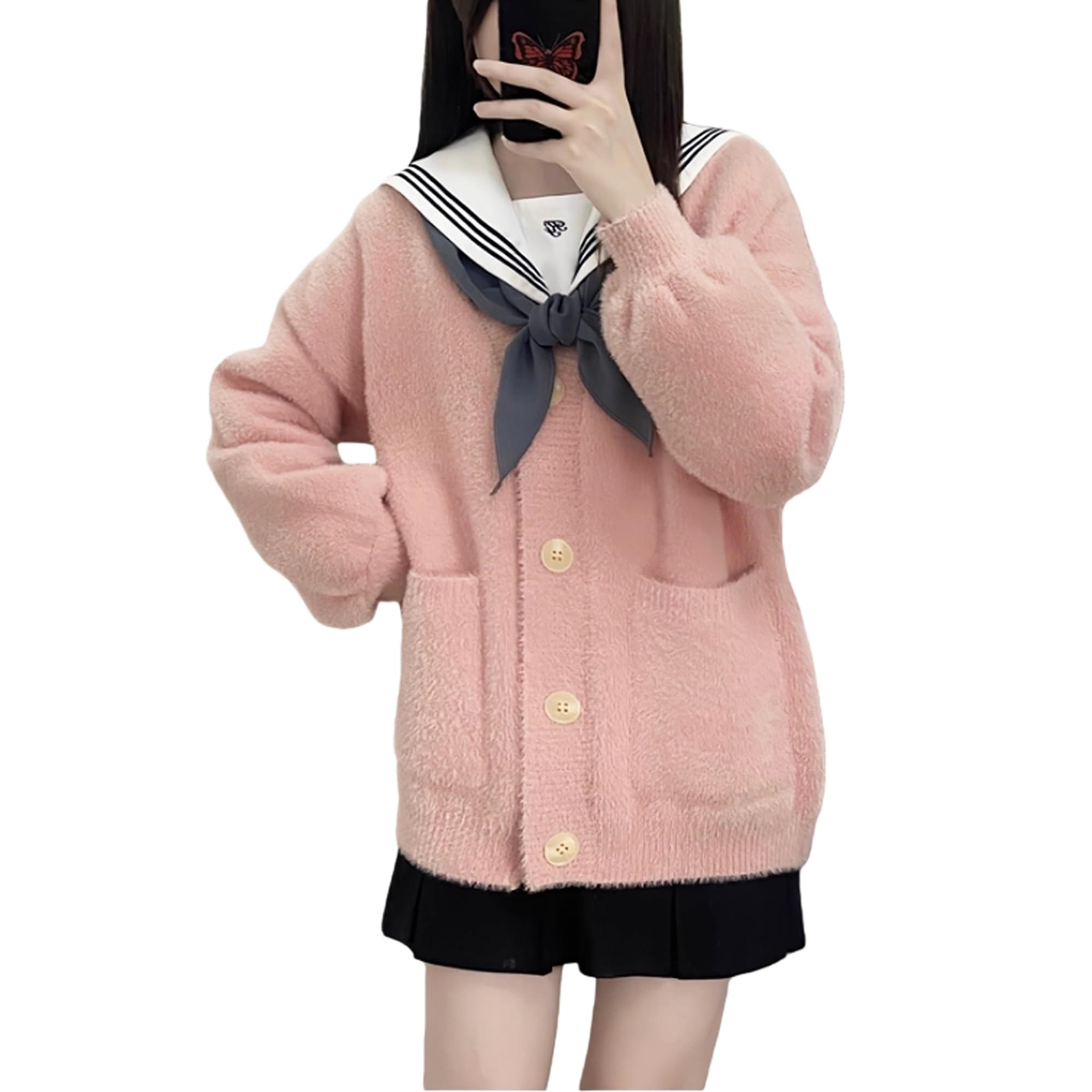 Japanese Cute Open Front Cardigans V-Neck Long Sleeve Button Up Sweaters Womens Chunky Knit Winter Cardigan Coat