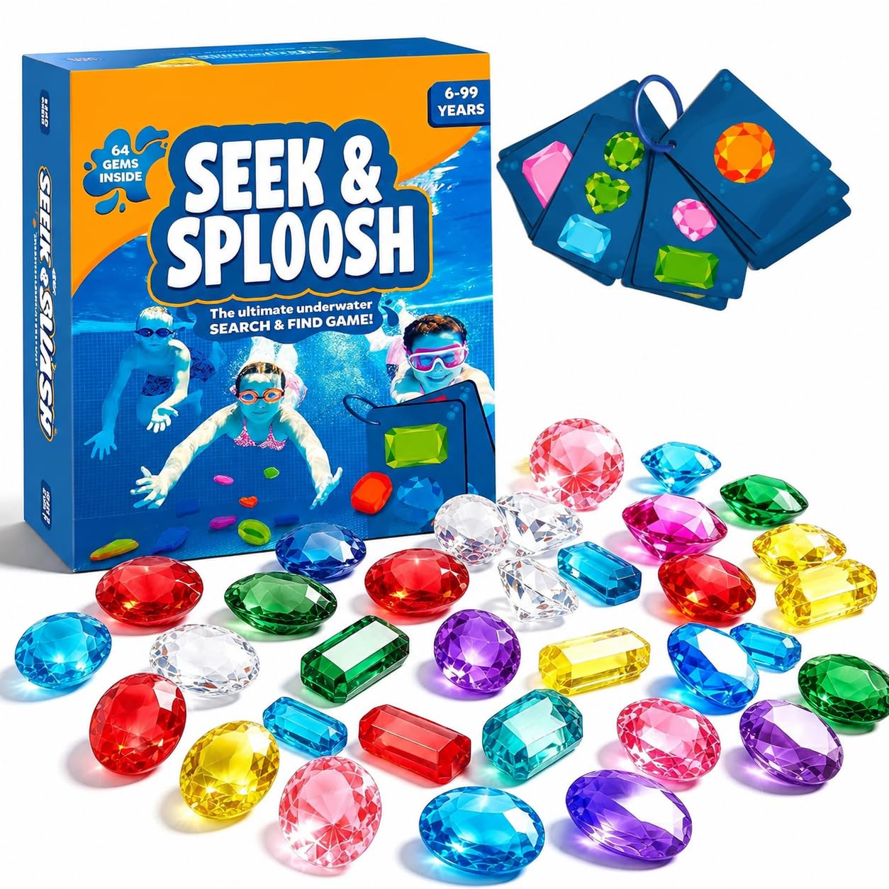 Seek and Splash Pool Game, Pool Diving Game Set with 64 Colorful Gems & 35 Waterproof Cards, Portable Travel Swimming Pool Water Toys for Adults Family Training Summer Outdoor Fun Gifts