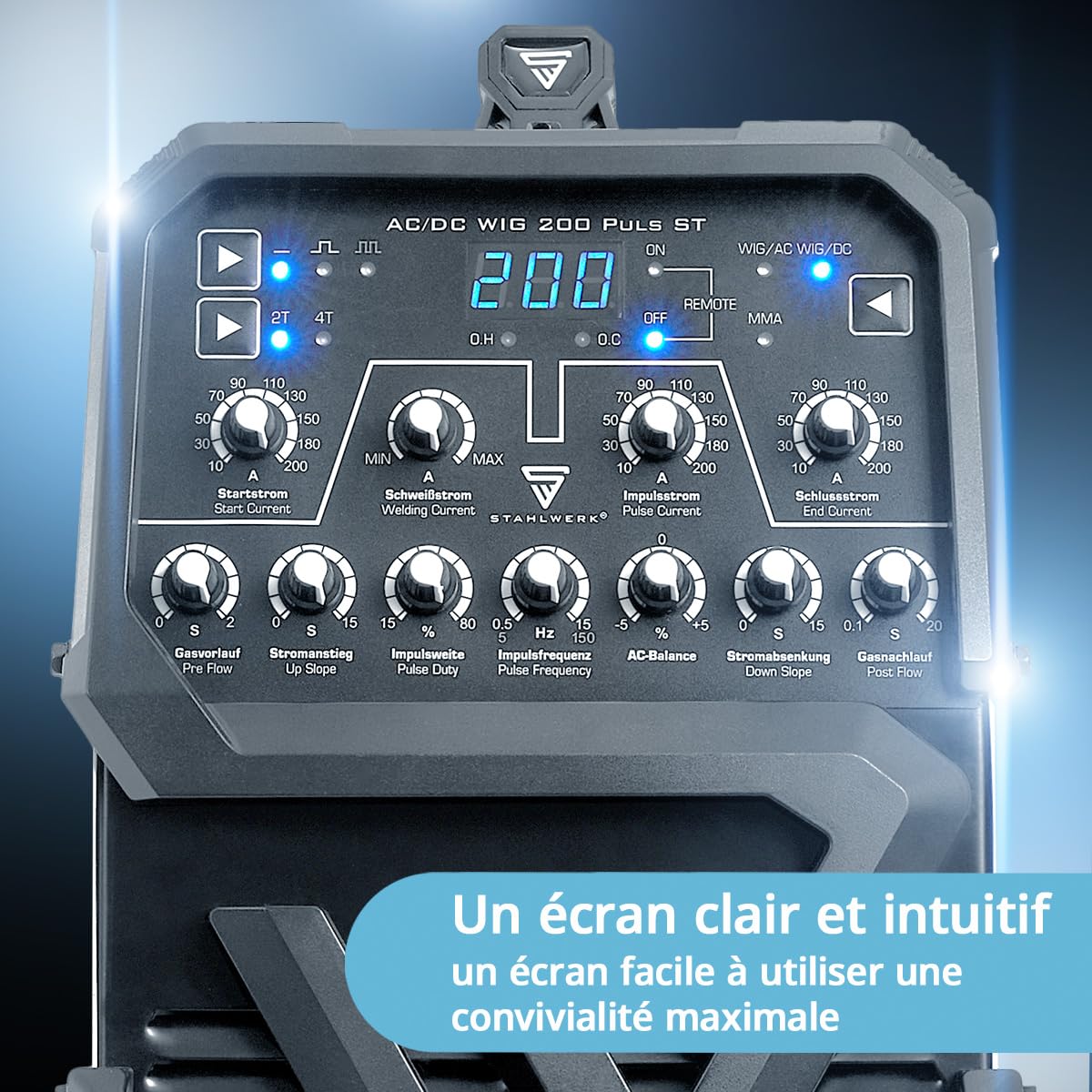 STAHLWERK Poste à souder AC/DC TIG 200 Puls ST – Inverter IGBT avec mode AC, MMA (ARC) jusqu'à 200 A, amorçage HF, fonction Pulse, mode 2T & 4T, Anti-Stick, idéal pour aluminium & tôles fines