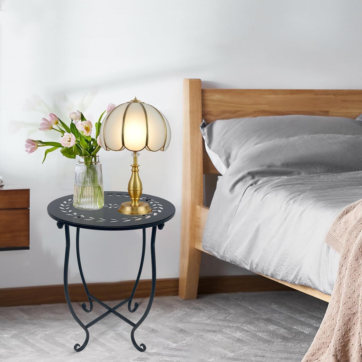 Metal Round Side Table, 2 Pack 14 Inch Bedside Table for Living Room, Weather Resistant Black Metal Outdoor Side Table for Patio Balcony Yard Porch Garden, Plant Stand for Indoor Outdoor Use