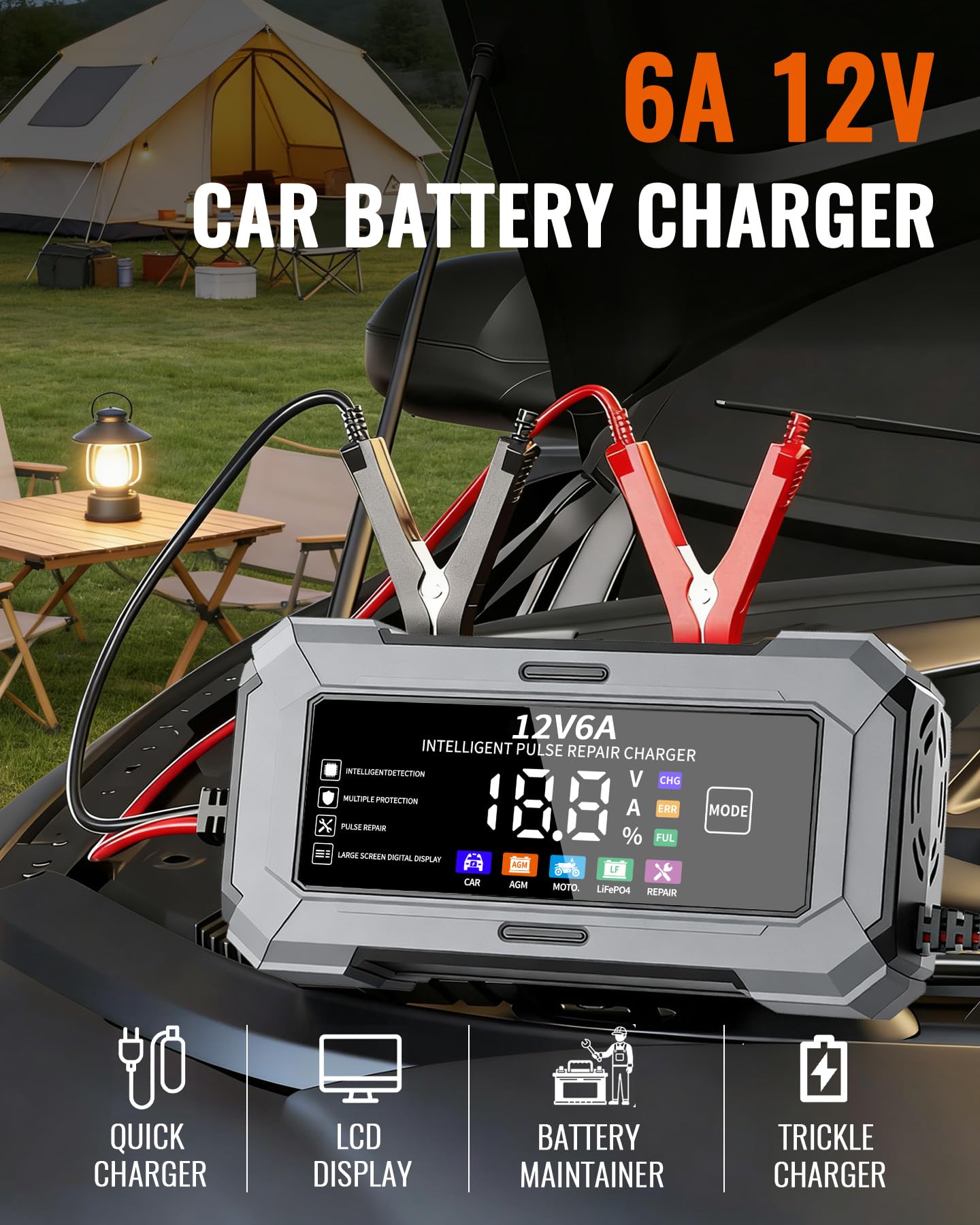 TANYO Caricabatterie Intelligente 12V 6A con Display LCD per Auto Moto AGM LiFePO4
