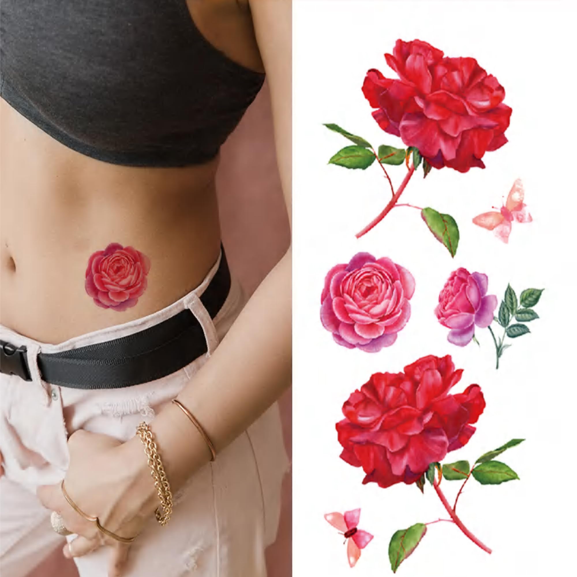 Kesrinplus Temporary Tattoo Stickers for Women and Men, Waterproof 3D Butterfly Rose Flower Body Art Tattoos for Arm, Face, Belly, Legs, Back – Realistic Fake Tattoos, 1 Sheet (19cm x 9cm) (T13)-image-29