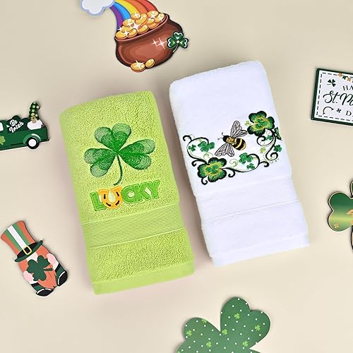 Miniatura 3 de Juego de 2 toallas de mano bordadas con patrón de trébol verde de la suerte, juego de toallas decorativas de 14 x 30 pulgadas, para baño, cocina,