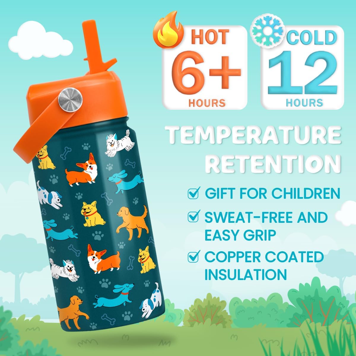 SANDJEST Puppy Water Bottle - Kids Water Bottle with Straw Lid - 12 Oz Insulated Stainless Steel Water Bottles for Kid Boys Girls - Travel Cup for School Sports - Image 4