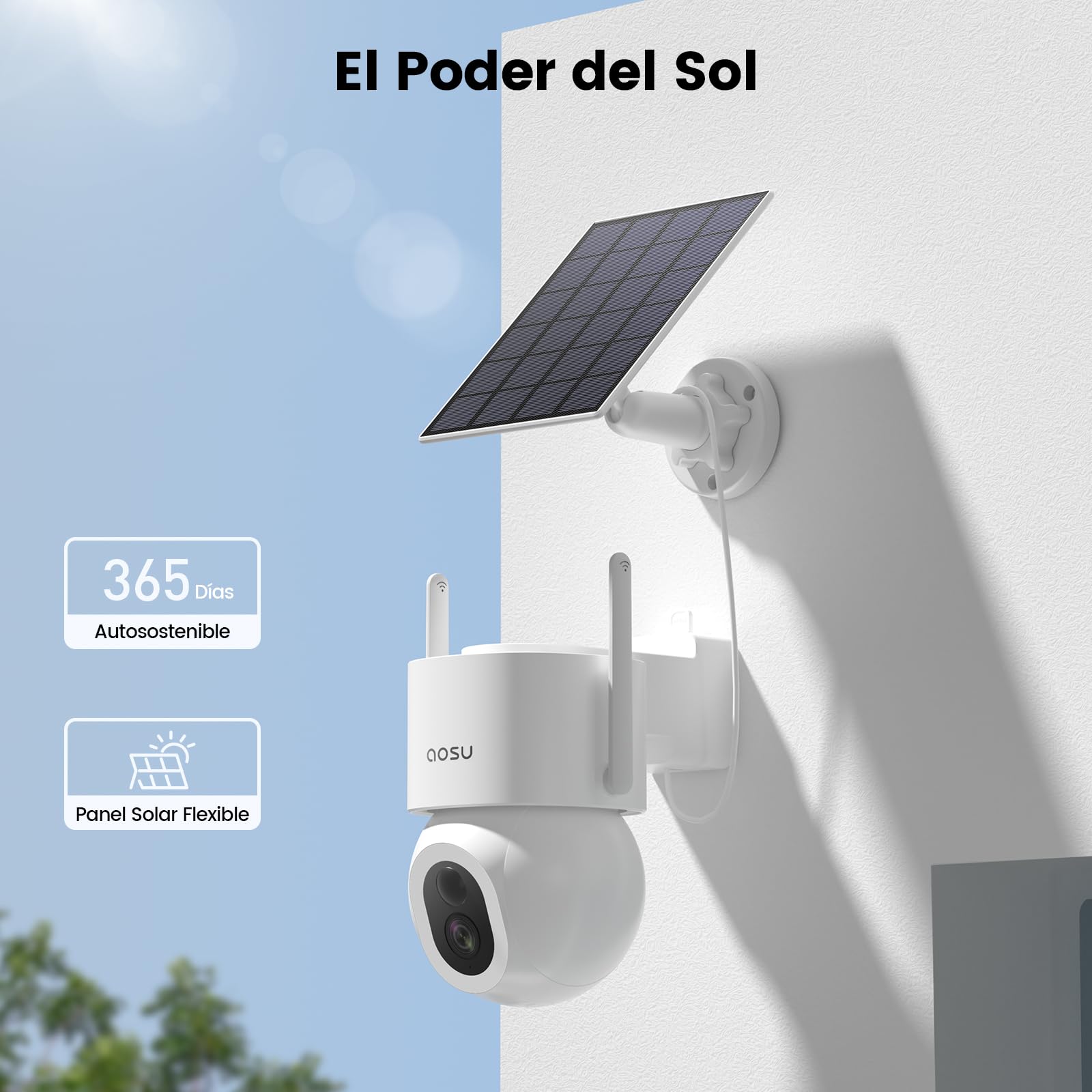 aosu 3K 5MP Cámara Vigilancia Exterior WiFi Inalámbrico, 360° PTZ, Panel Solar de Alta Capacidad, Detección AI de Personas, Mascotas, Vehículos, Visión Nocturna en Color, Luz Alarma, 400lm Foco, 2Pz