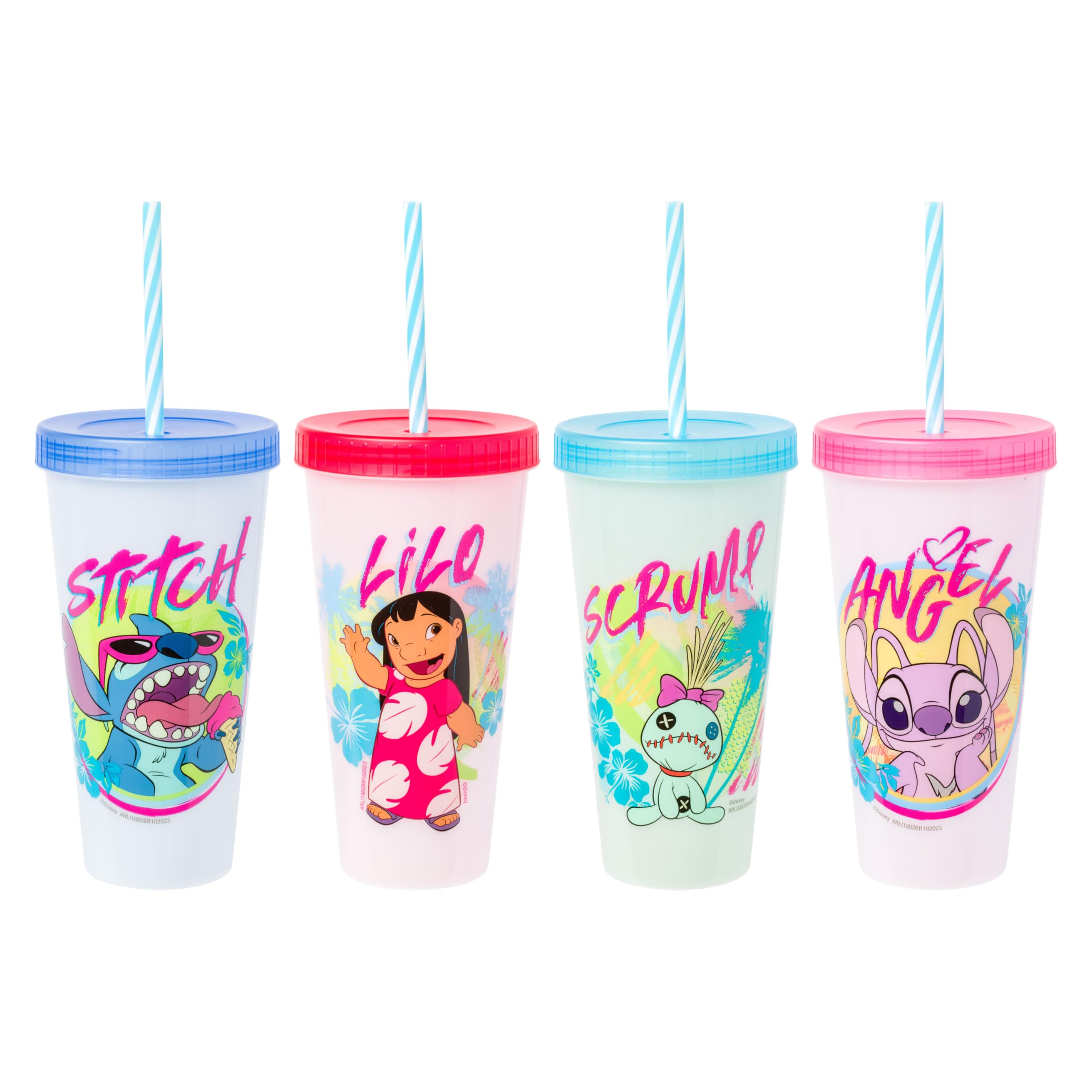 Silver Buffalo Disney Lilo and Stitch Tropical Character Poses 4 Pack Color Changing Plastic Tumbler with Lid and Reusable Straw, 24 Ounce
