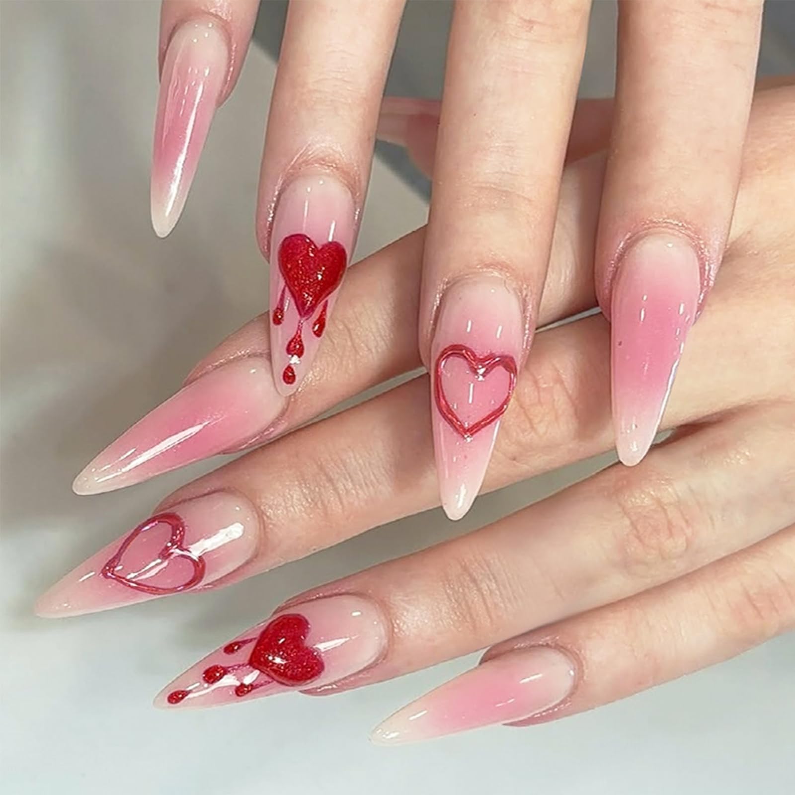 24-Pack Almond Press On Nails – Long Coffin Stick On False Nails – Pink Blush Smudges Shape with Love Design - Fake Nails Tips with Nail Glue - Easy to Apply Full Cover Tips for Women